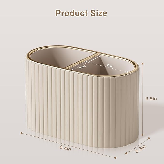 KINGFOM Makeup Brush Holder Organizer with Divider, PU Leather Vanity Brush Holder for Bathroom Countertop & Dressing Table, Cosmetic Desktop Storage Caddy for Makeup Tools Oval (Mocha Beige)