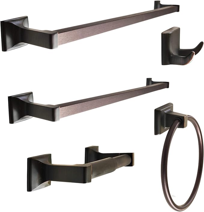 SENTO Cellar Classic Bathroom Accessories Set, Heavy Duty Metal Bath Hardware Set Wall Mounted, Includes Robe Hook, Toilet Paper Holder, Towel Ring, 18” & 24” Towel Bar (5-Piece, Oil-Rubbed Bronze)