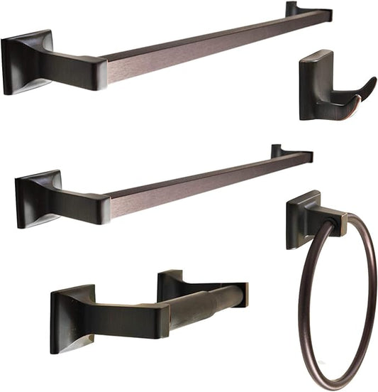 SENTO Cellar Classic Bathroom Accessories Set, Heavy Duty Metal Bath Hardware Set Wall Mounted, Includes Robe Hook, Toilet Paper Holder, Towel Ring, 18” & 24” Towel Bar (5-Piece, Oil-Rubbed Bronze)