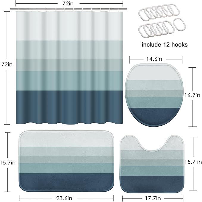Striped Blue Shower Curtain Set with Toilet Lid Cover and Non-Slip Rugs for Bathroom, Minimalist Neutral Ombre 4 Pcs Shower Curtain, Modern Bathroom Set with 12 Hooks