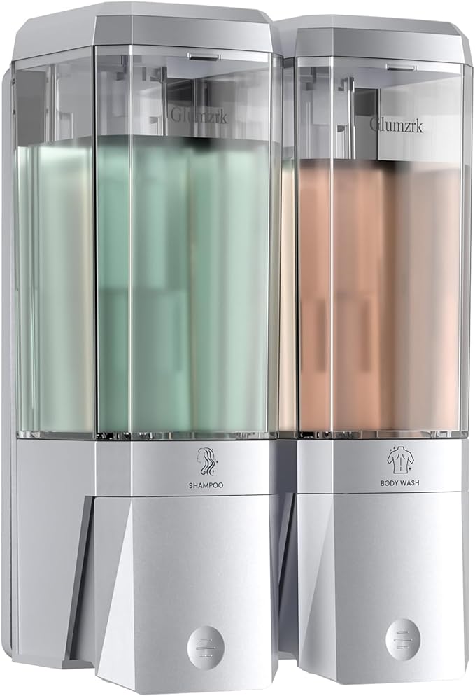 Shampoo and Conditioner Dispenser 2 Chamber No Drill Shower Soap Dispenser Wall Mounted Shampoo Conditioner Body Wash Dispenser 2 * 500ml Refillable Shower Dispenser for Bathroom Hotel, Silver
