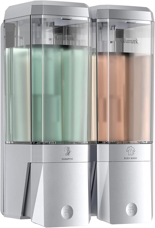 Shampoo and Conditioner Dispenser 2 Chamber No Drill Shower Soap Dispenser Wall Mounted Shampoo Conditioner Body Wash Dispenser 2 * 500ml Refillable Shower Dispenser for Bathroom Hotel, Silver