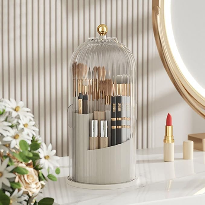 Makeup Brush Holder Organizer -360° Rotating Luxury Cosmetic Organizer With Lid Desktop Makeup Organizer Lipstick Eyebrow Pencil Holder Eye Shadow Storage Box