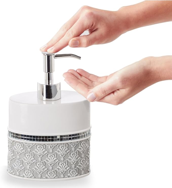 Creative Scents Mirror Damask Grey and White Soap Dispenser, Decorative Hand Soap Dispenser for Bathroom - Modern Countertop Lotion Dispenser with Durable Pump for Elegant Bathroom Decor