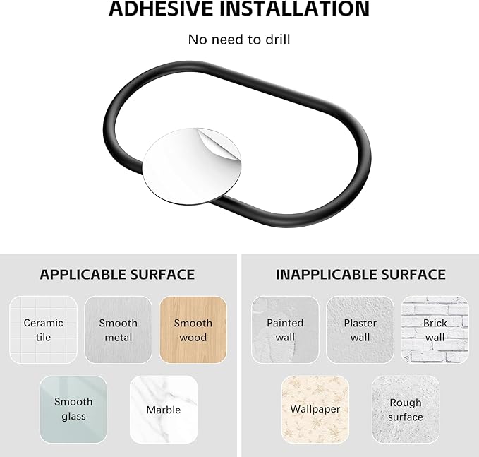 Adhesive Towel Holder Matte Black Hand Towel Holder for Bathroom Wall Stainless Steel Towel Ring for Bathroom Hardware Accessories No Drilling, 2 Packs