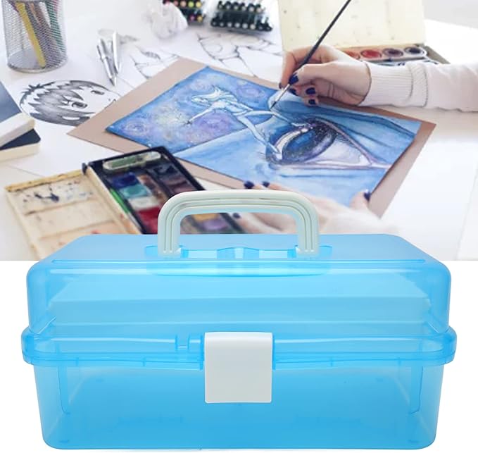 Zerodis 3 Layers Storage Box, Transparent Lid Plastic Portable Storage Box Sturdy Non Deformable Storage Case with Handle Art Craft Storage Box for Cosmetics Jewelry Nail Tools (Blue)