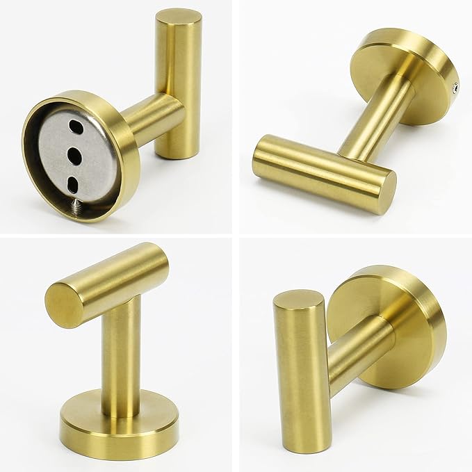 NearMoon 3 Pieces Bathroom Hardware Set, Bath Towel Ring and 2 Towel Hooks- Stainless Steel Hand Towel Hanger and Robe Hooks Accessories, Wall Mounted (Brushed Gold)