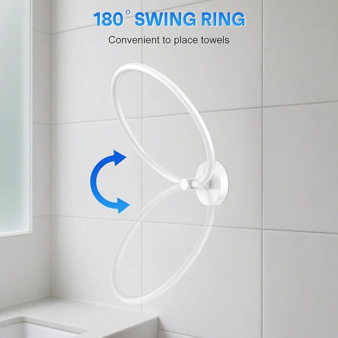 Hand Towel Holder Screw-in Stainless Steel Towel Ring for Bathroom Wall White Towel Hanger Round Towel Racks for Bathroom Decor and Accessories, 2 Packs