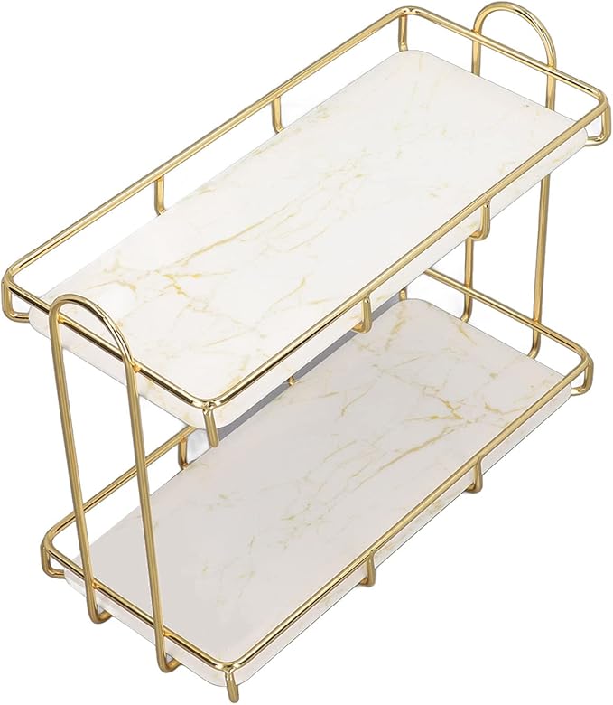 2 Tier Bathroom Shelf Countertop Standing Shelf with Partition Cosmetic Storage Rack Holder Gold (Small 31x23cm)