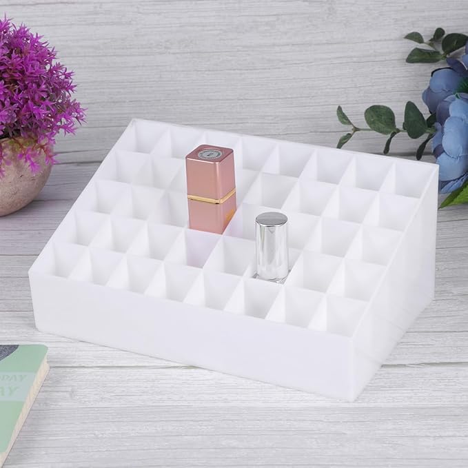 Ipetboom 40 Grids Lipsticks Holder: Plastic Clear Gloss Lip Holder Makeup Case Desktop Stand Makeup Brush Holder - Beauty Organizer Lip Tint Makeup Storage Case Cosmetic Lipstick, White