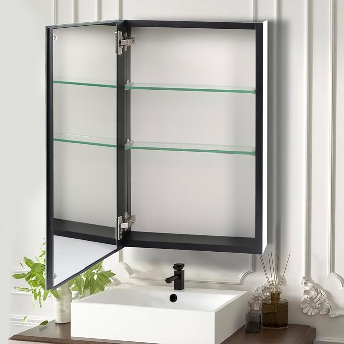 Movo 15 Inch x 24 Inch Medicine Cabinet with Mirror,Black Aluminum Framless Bathroom Mirror Recessed or Surface Mount Medicine Cabinet for Bathroom with Adjustable Shelves