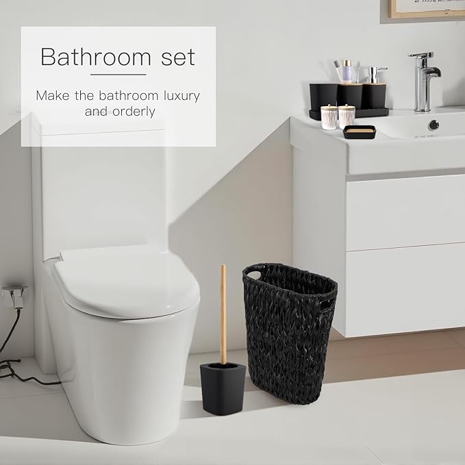 XLHOMO Black Bathroom Accessories Set with Wicker Trash Can, Black Bathroom Accessories Set Bathroom Sets Small Waste Basket Bathroom Trash Can for Bedroom Bathroom