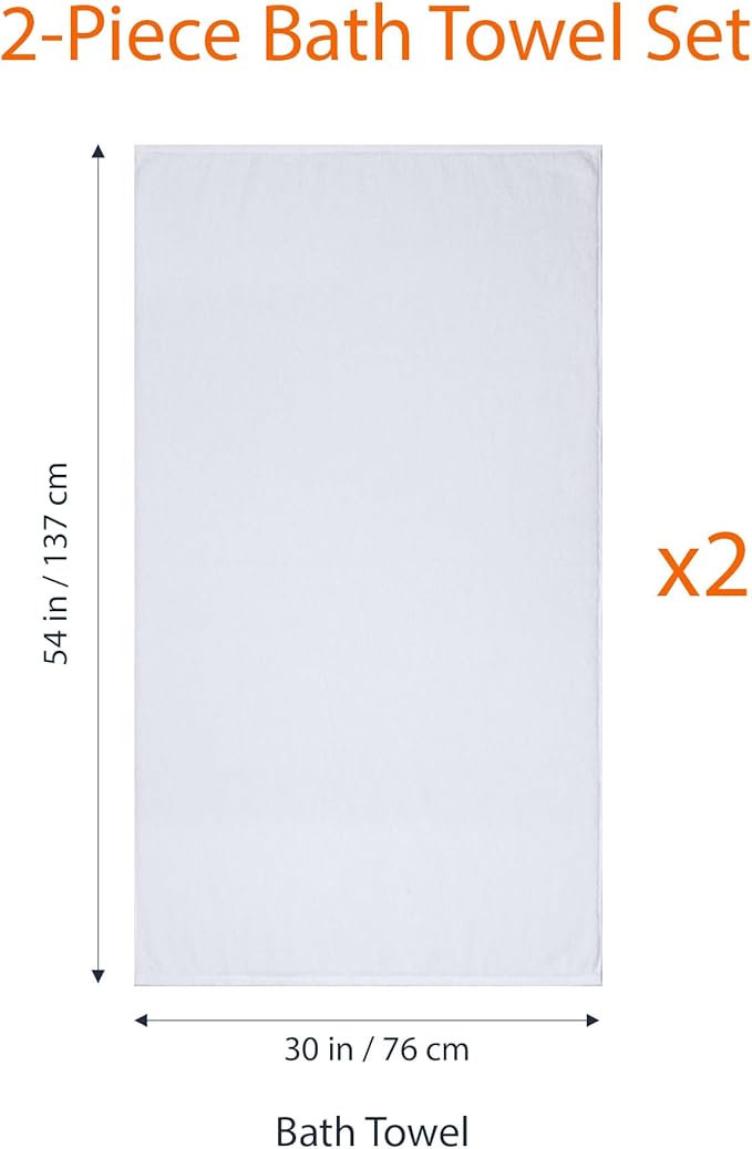Amazon Basics 2-Piece Quick-Dry Oversize Bath Towel, 100% Cotton, 54" x 30", White