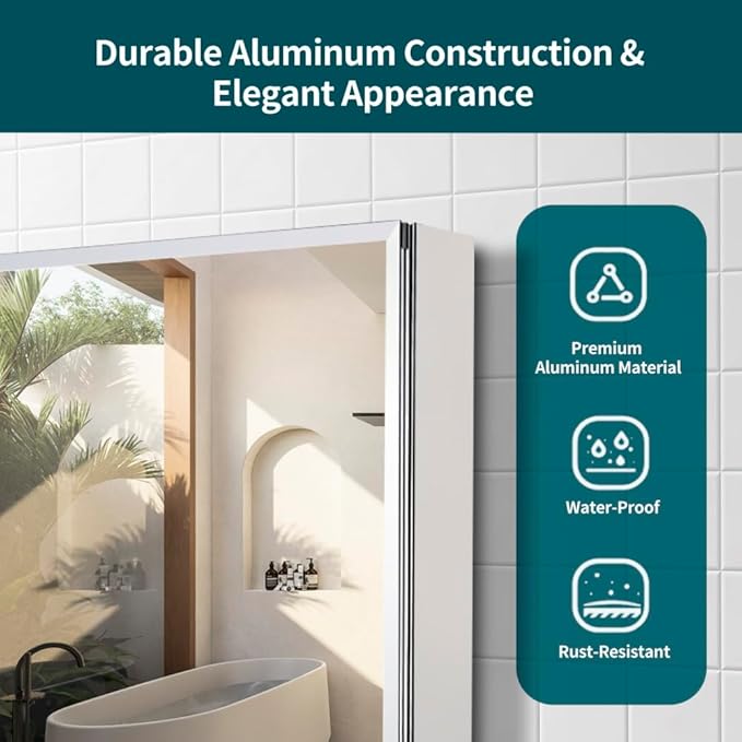 Movo Medicine Cabinet with Mirror, 24 Inch x 30 Inch Aluminum Mirror Cabinet with Single Door, Bathroom Medicine Cabinet, Surface Mount or Recess Installation