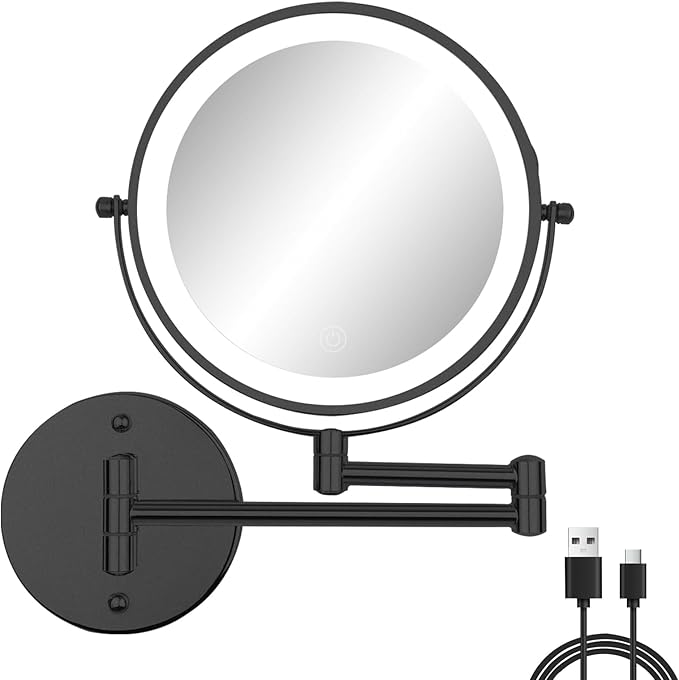 Wall Mounted Lighted Vanity Mirror, 8" Double Sided 1X/10X Magnifying Shaving Mirror with 3 Color Lighting, Rechargeable 2000mAh Battery, Extendable Arm for Makeup, Grooming, Bathroom, Black