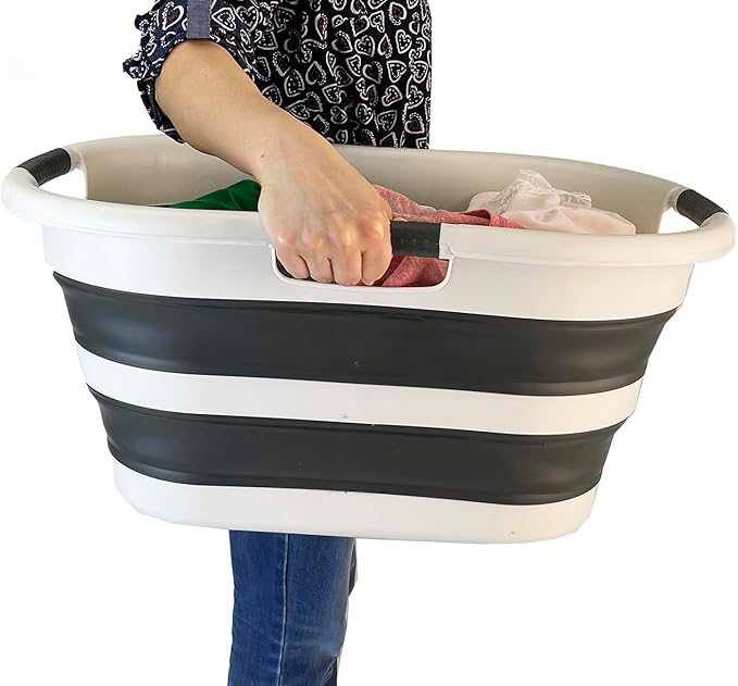 SAMMART 40L (10.5 gallon) Collapsible Plastic Laundry Basket - Foldable Pop Up Storage Container/Organizer - Portable Washing Tub - Space Saving Hamper/Basket (2, Grey/Washed Black)