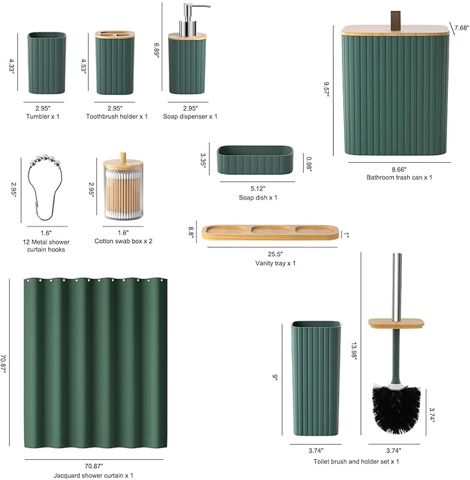 Bathroom Set - 22PCS Green Bathroom Accessories Set Trash Can Toilet Brush Holder Set Soap Dispenser Bathroom Accessory Set with Shower Curtain Bathroom Decor Set for Home, Restroom