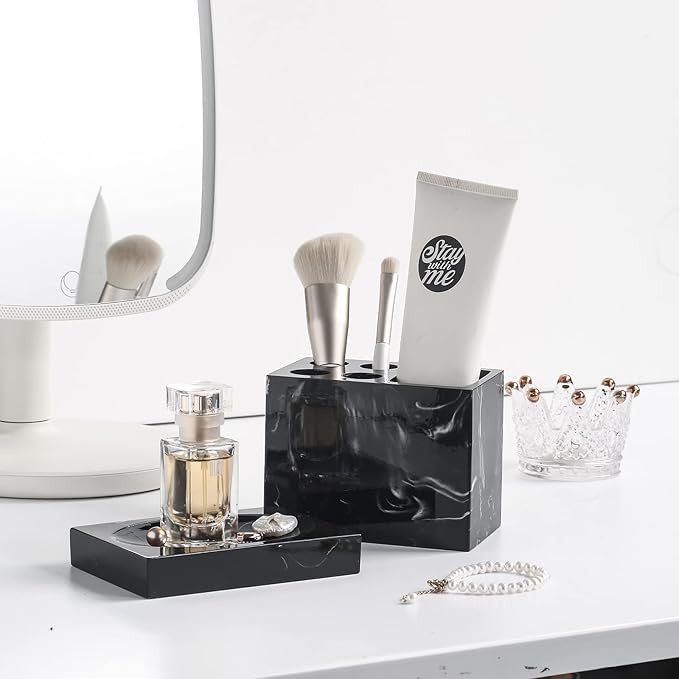 5 Piece Bathroom Accessories Set, Marble Resin Bathroom Vanity Set, Soap Dispenser, Toothbrush Holder, Soap Dish & 2 Tumblers, Bathroom Countertop Organizer Set (Ink Black)
