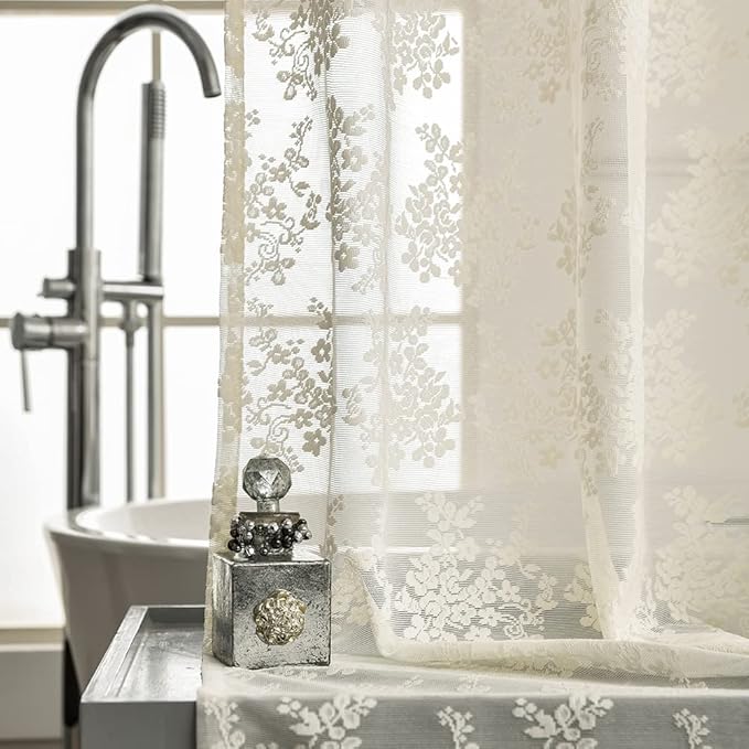 YJ YANJUN Ivory Lace Shower Curtain - Shabby Chic Flower Shower Curtain with Attached Valance, Luxury Lace Curtain for Bathroom, Farmhouse Shower Curtains, 72 x 72 Inch, Light Beige