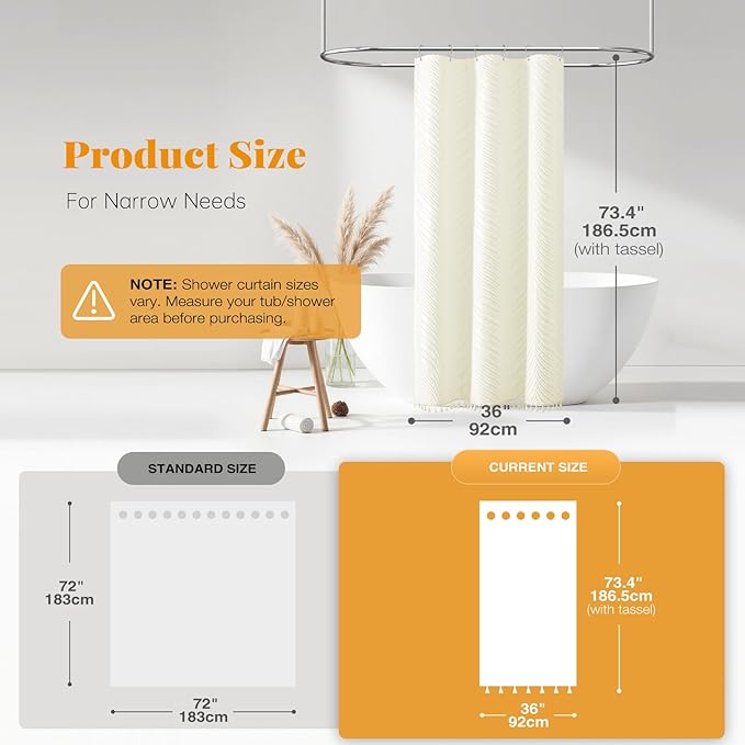 BTTN Boho Stall Shower Curtain - 36x72 Narrow Tufted Leaves Textured Striped Tassel Shower Curtain Set with 6 Hooks, Water Repellent, Modern Farmhouse Fabric Shower Curtains for Bathroom, Cream/Beige