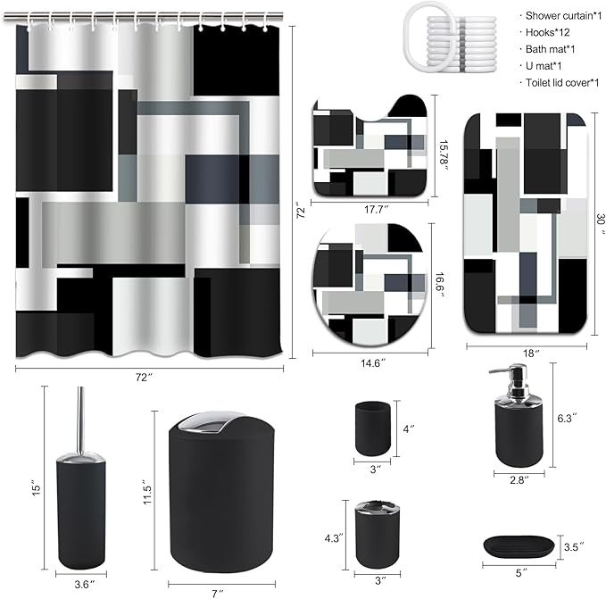 Lnond Black Bathroom Set, 23-Piece Black Geometric Bathroom Decor Set with with Shower Curtain and Rugs, Trash Can, Toilet Brush Holder Set & Soap Dispenser