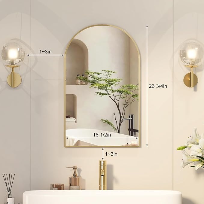 Recessed Medicine Cabinet Mirror,Brushed Gold Arched Medicine Cabinet with Mirror for Bathroom,Metal Edge Mirrored Medicine Cabinets,in Wall Arch Mirrored Cabinets with Storage 16x26 in