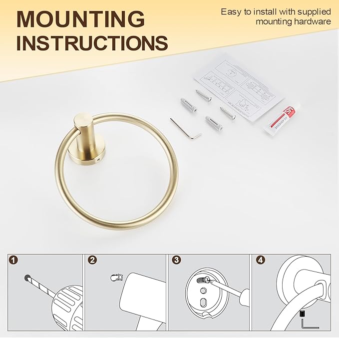 BGL 2-Pack Brushed Gold Towel Rings for Bathroom, 304 Stainless Steel Wall Mount Towel Holder Set, Rustproof Bath & Kitchen Accessories with Modern Matte Finish