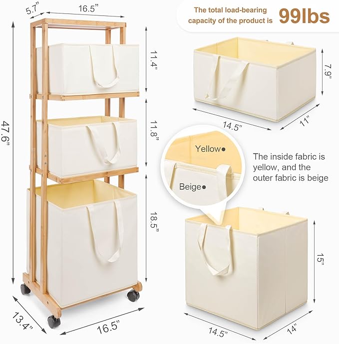 Homde Laundry Basket 3 Tier Bamboo Storage Shelf with Wheels Removable Container with Handle Freestanding Clothes Hamper Organizer for Bathroom Living Room Bedroom (Natural)