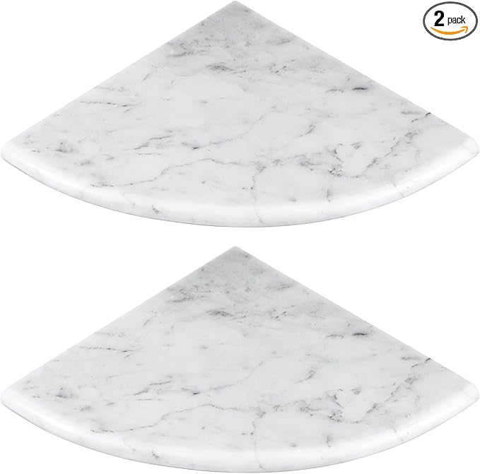 Chunful 2 Pcs White Marble Corner Shower Shelf for Bathroom 9 x 9 Inch Wall Mounted Both Sides Polished Marble Corner Shelves Shower Caddy for Bathroom Wall (Stylish)