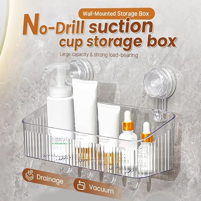 No-Drill Bathroom Suction Storage Box, 2026 Upgraded Suction Cup Wall Shelf, Portable Wall Mounted Bathroom Organizer for Shower, Durable Removable Storage Basket for Home (Grey, Large)
