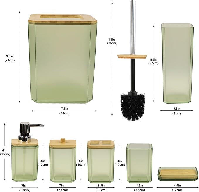 CERBIOR Bathroom Accessories Set 7 Piece Bath Ensemble Includes Soap Dispenser, Toothbrush Holder, Toothbrush Cup, Soap Dish for Decorative Countertop and Housewarming Gift (Green)