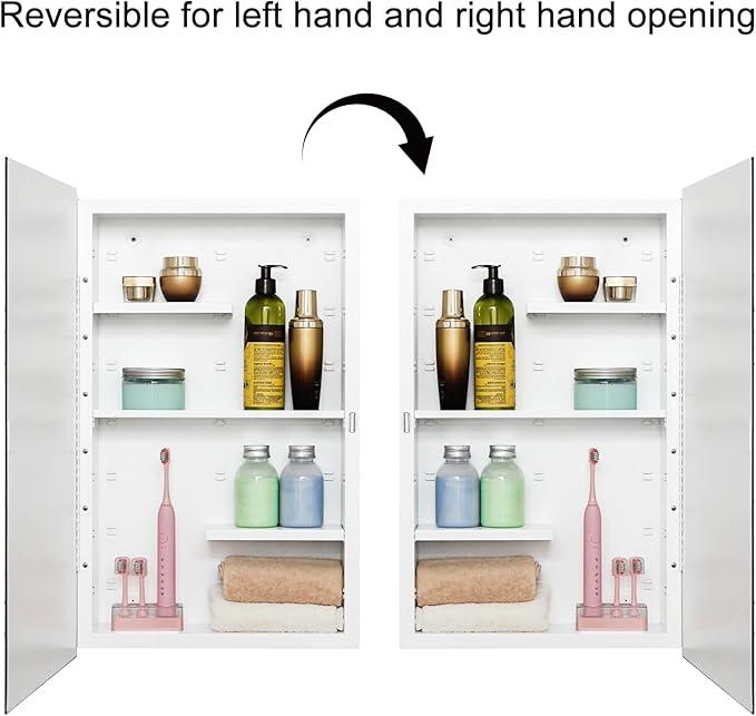 Fundin White Medicine Cabinet Recessed or Surface Mount, Bathroom Medicine Cabinet with 16 x 26 Beveled Mirror and Adjustable Staggered Shelves