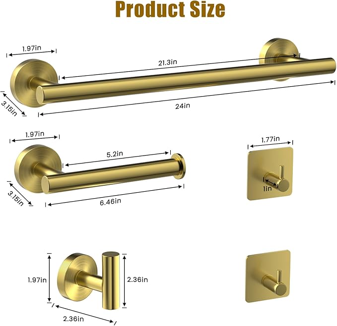 Brushed Gold 5 Piece SUS304 Stainless Steel Bathroom Accessories Set, 24 Inch Towel Bar Set, Round Bathroom Accessories Kit Wall Mounted, Minimalist Design for All Styles Bathrooms (Gold)
