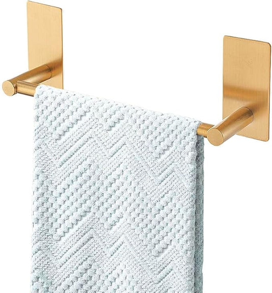 Songtec Gold Towel Bar 9-Inch, Adhesive Bath Towel Rack No Drill, Strong Adhesion Tape Mount Towel Holder, Stainless Steel - Brushed Gold