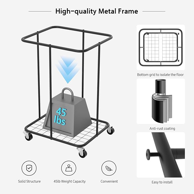 160L Large Laundry Hampers with Lid, Oxford Fabric Laundry Hampers, Metal Frame and Removable Bag Design with Wheels, Suitable for Bedroom, Bathroom, Dorm Room, Laundry Room (Black Lid Rope)