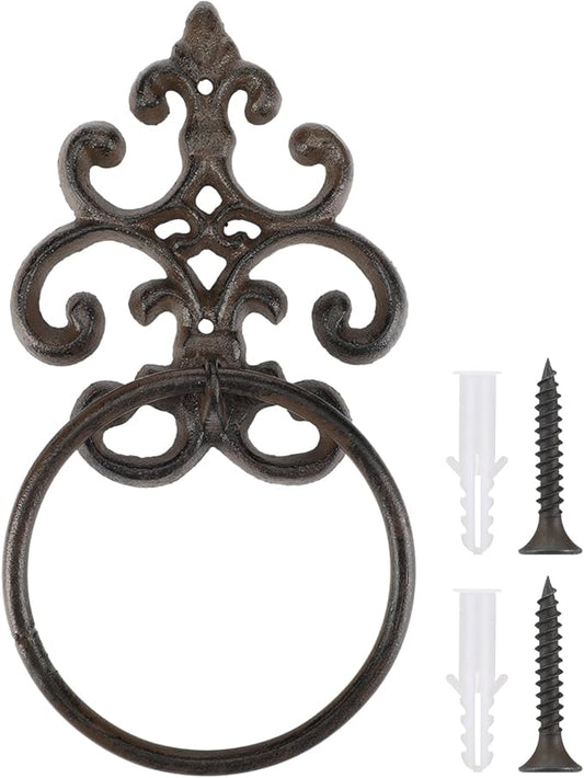 1 Pcs Dark Rust Vintage Cast Iron Solid Towel Ring Fleur De Lis Design Antique Towel Holder for Bathroom Kitchen Accessories Wall Mounted Christmas Party Gifts