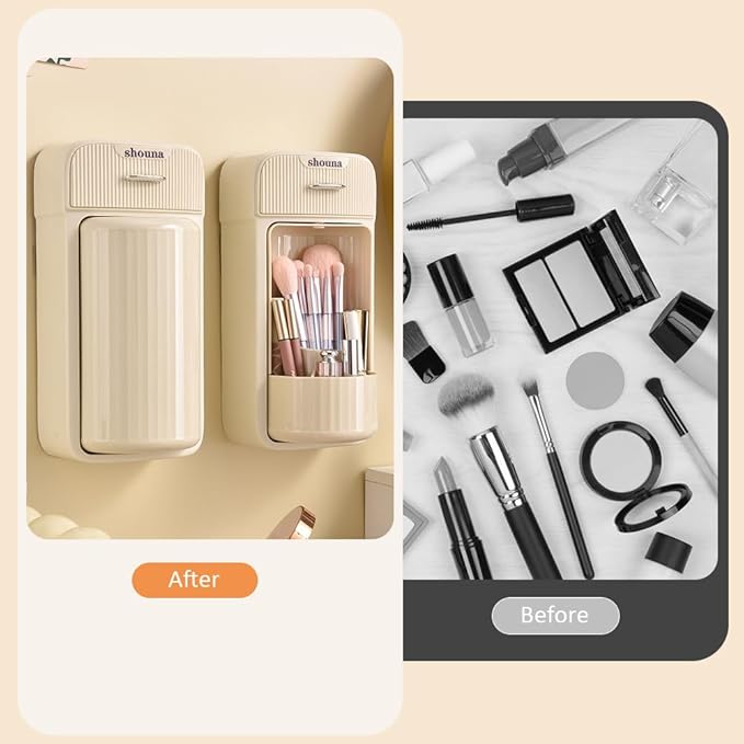 Motomatic Makeup Brush Organizer - Makeup Brush Holder Organizer with 360° Rotating Lid, Wall Mounted Brush Holder Space Saver, 4 Slot Large Storage Capacity Makeup Organizer Waterproof(Cream)