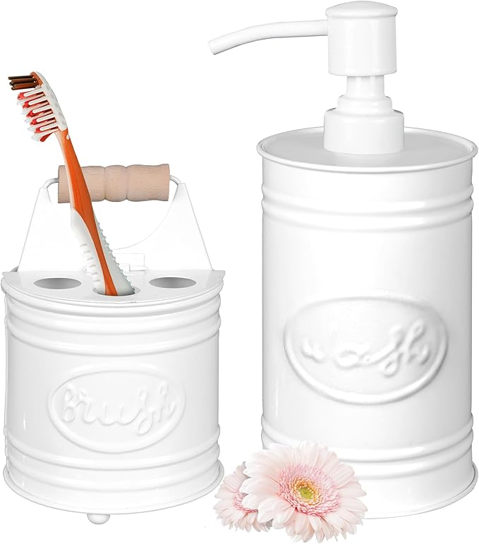 Autumn Alley Kids Bathroom Accessories Set – 2-Piece White Soap Dispenser & Toothbrush Holder, Farmhouse Bathroom Countertop Organizer for Kids, Durable Metal Bathroom Set with Wood Handle
