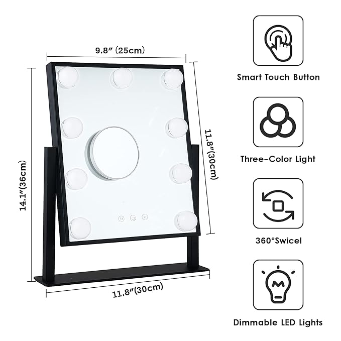 BWLLNI Lighted Makeup Mirror Hollywood Mirror Vanity Mirror with Lights, Touch Control Design 3 Colors Dimable LED Bulbs, Detachable 10X Magnification, 360°Rotation, Black.