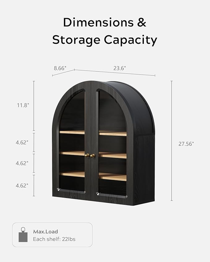 EYYTHUNG Arched Wall Cabinet, Large Bathroom Medicine Cabinet Wall Mounted Cupboard, Modern Floating Storage Cabinet with Acrylic Door Adjustable Shelf, Wood Organizer (Black-Oak)