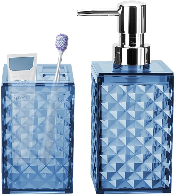 Blue Bathroom Accessories Set 2 PCS, Navy Blue Bathroom Accessories Include Soap Dispenser and Toothbrush Holder, Diamond Pattern Bathroom Set for Boho Bathroom Decor