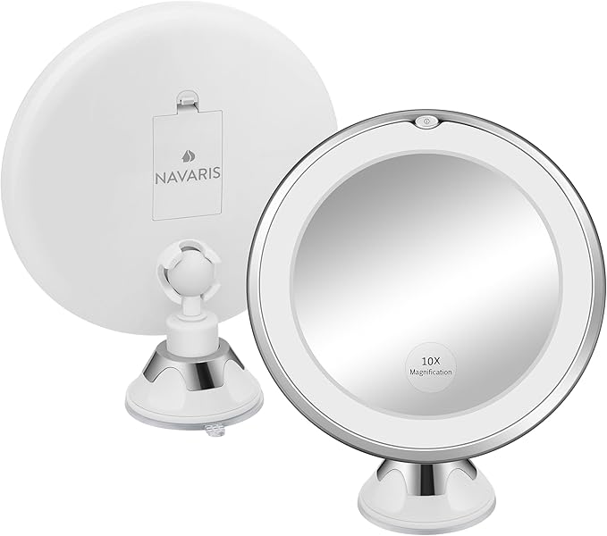 Navaris LED Magnifying Mirror with Lights - Powerful 10x Magnification for Makeup - Illuminated and Magnified Make Up Mirror with Light and Secure Suction Cup for Easy Attachment