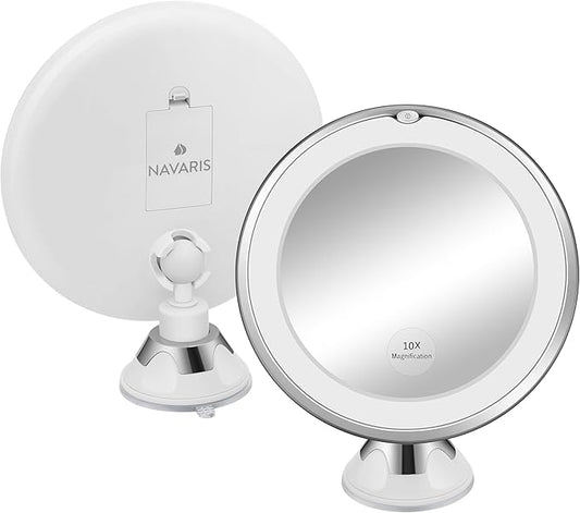 Navaris LED Magnifying Mirror with Lights - Powerful 10x Magnification for Makeup - Illuminated and Magnified Make Up Mirror with Light and Secure Suction Cup for Easy Attachment
