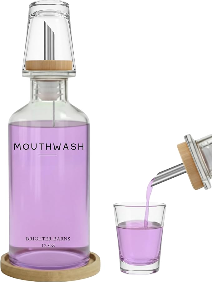 Glass Mouthwash Dispenser for Bathroom by Brighter Barns - Refillable Mouthwash Container with Glass Cup and Bamboo Tray - Mouth Wash Dispensers for Bathroom Sink, Home Decor, Airbnb, Office (Clear)