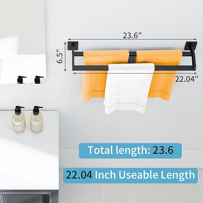 Double Towel Bar, Towel Racks for Bathroom, 24 Inch Heavy Duty Stainless Steel Bathroom Towel Holder Rod Wall Mounted, Bath Towel Rack, Matte Black