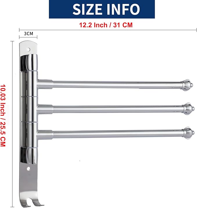 Swivel Towel Rack Hanger Towel Bar Bathrrom Wall Mounted Space Saving Storage Organizer Hanging Holder 12 Inch (Stainless Steel, Bright Silver 3-Arm)