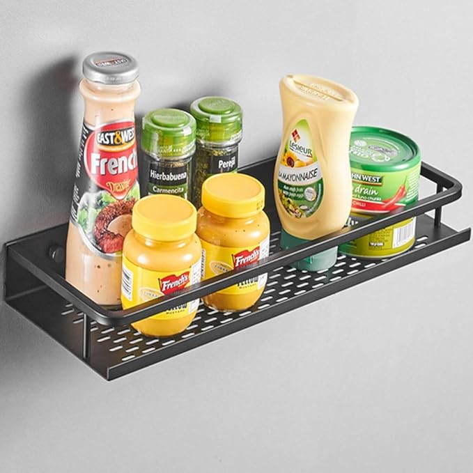 WFF Bathroom Shelf Black Aluminum Wall-Mounted Square Shampoo Cosmetic Shelves Kitchen Nets Storage Rack Organizer (Color : Black, Size : 50×12×4cm)