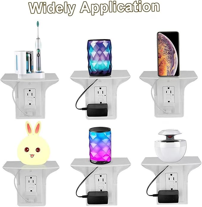 Outlet Shelf 2Pcs Sturdy & Smooth White PP Wall Outlet Shelf with Cord Hole Space-Saving Holder for Bathroom Products, Kitchen Accessories, Electronics