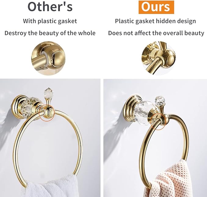 WOLIBEER Gold Towel Ring, Crystal Hand Towel Holder Polished Brass Bling Towel Bar Bathroom Accessories Wall Mounted