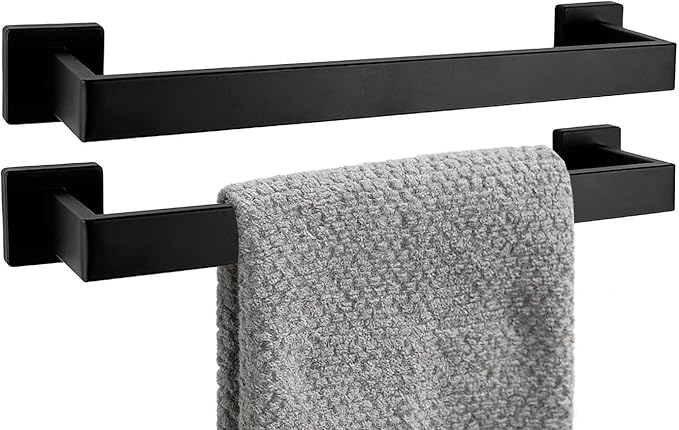 2 Packs 16 Inch Bathroom Towel Bar SUS304 Stainless Steel Matte Black Towel Holder Wall Mounted Heavy Duty Towel Rack Bathroom Towel Rod Modern Square Base Design(2, Matte Black, 16 Inch)